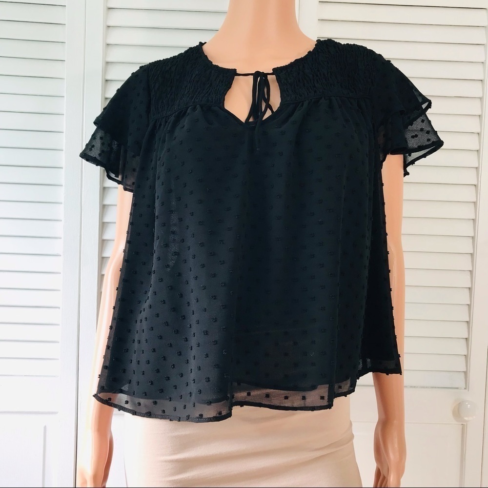 2/$25 ZARA Black Polka Dot Short Sleeve Babydoll Blouse Size Large